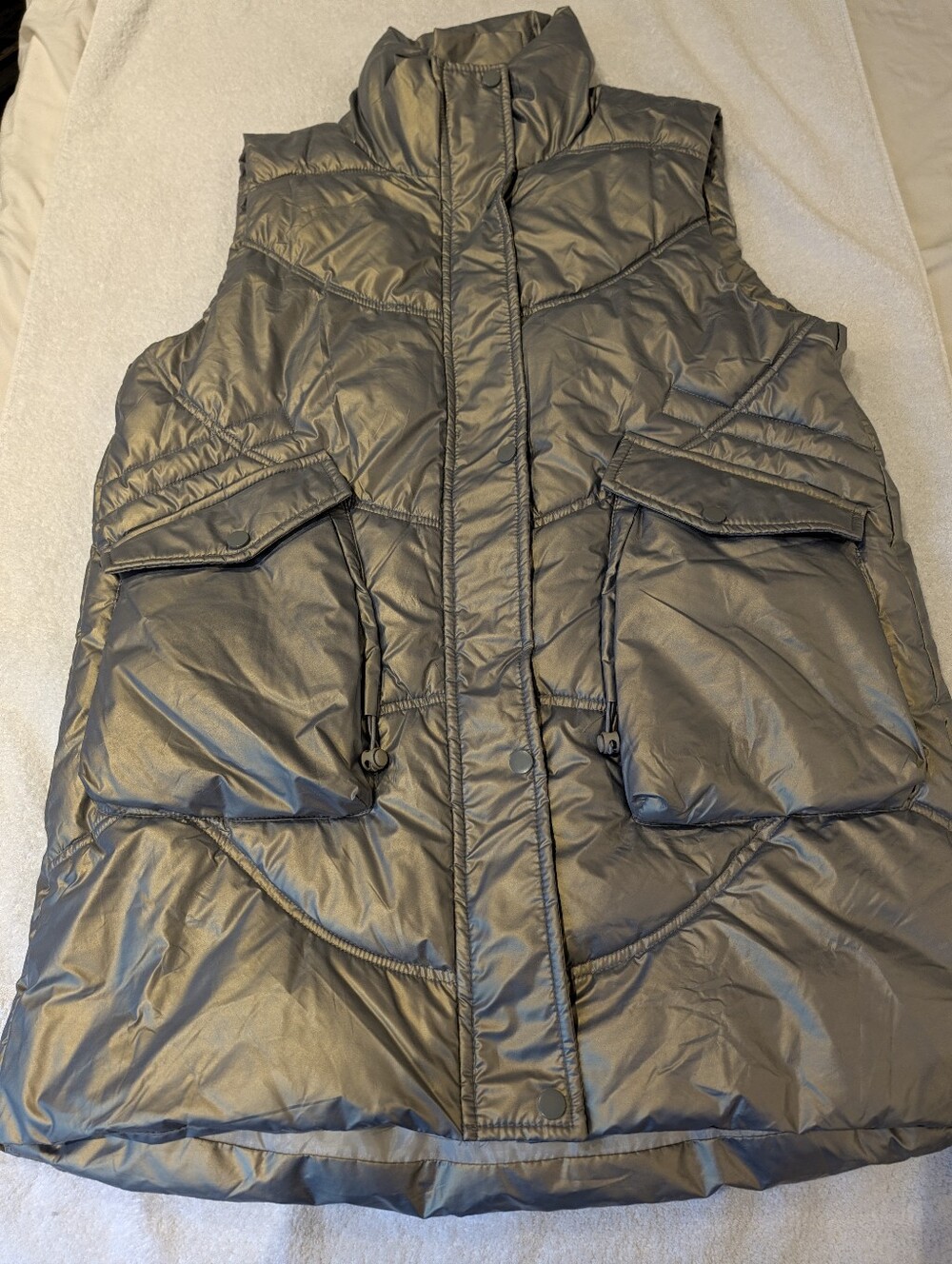 Metallic Pewter Quilted Puffer Vest Longline Utility Gorpcore Cinched Waist